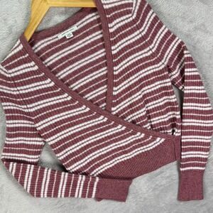 American Eagle Women's Wrap Sweater Mauve White Striped Ribbed Knit Sz S Cropped